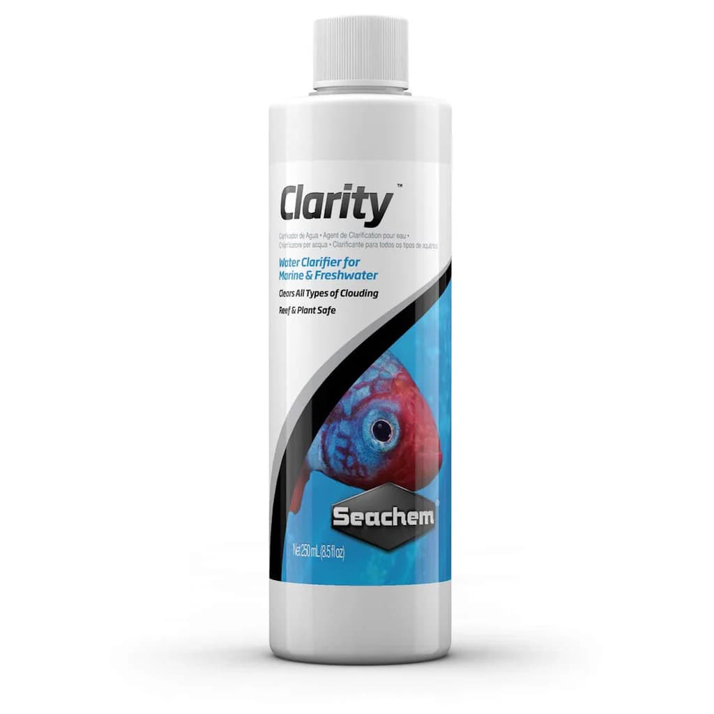 Seachem Clarity, aquarium water clarifier, fish tank clarifier, freshwater water clarifier, marine water clarifier, reef safe clarifier, plant safe aquarium clarifier, water clarifier dosage, how to clear cloudy aquarium water, Seachem water clarifier India, aquarium flocculant, aquarium cloudiness solution, Seachem Clarity 250ml, aquarium water treatment India